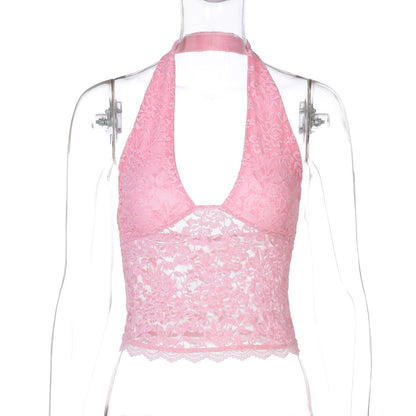 Sleeveless Lace Crop Top with Geometric Pattern - Casual Street Style