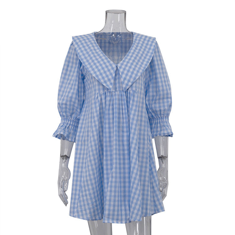 Blue Check Print Cotton A-Line Dress with Baby Doll Collar