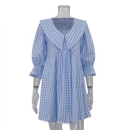 Blue Check Print Cotton A-Line Dress with Baby Doll Collar
