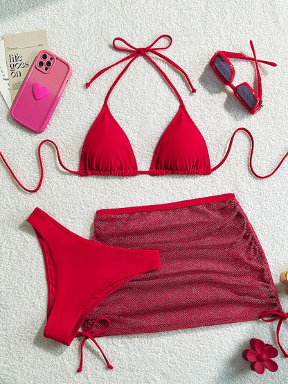 3PCS Backless Sexy Halter Bikini Swimwear