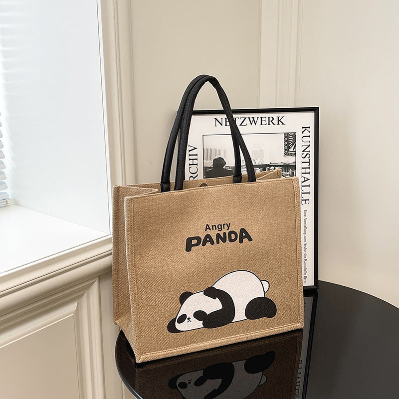 Portable Panda Canvas Tote Bag Cute Retro Shopping Bag