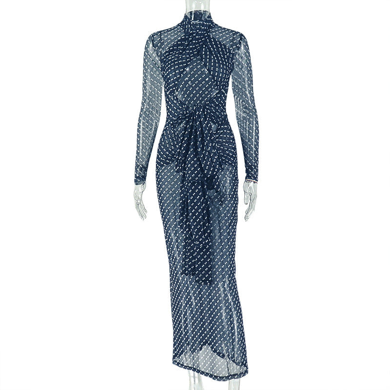 Trendy Polka Dot High Neck Long Sleeve Bodycon Dress