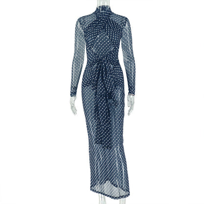 Trendy Polka Dot High Neck Long Sleeve Bodycon Dress
