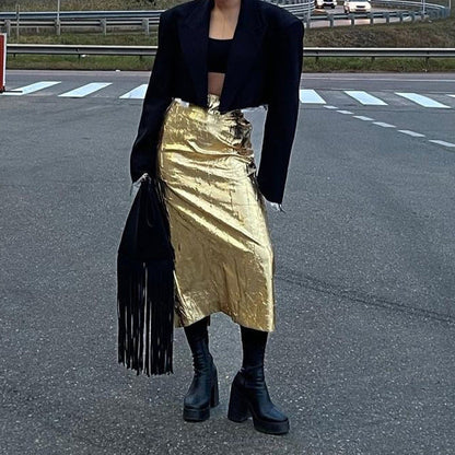 High-Waisted Ruched Midi Skirt with Slit