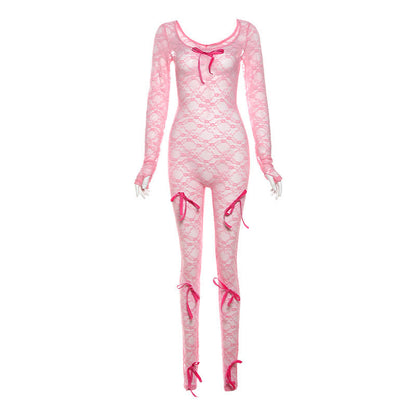 Sensual Sheer High-Waisted Lace Bodysuit With Long Sleeves