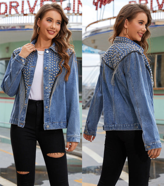 Stylish Denim Jacket With Rivets And Tassels