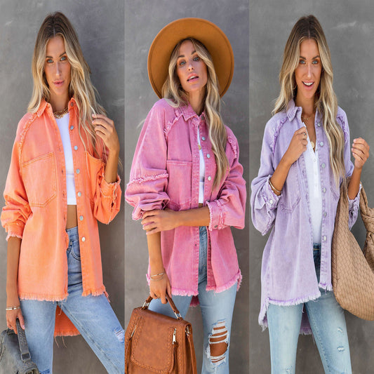 Washed Denim Fringe Jacket Chic Casual Oversized