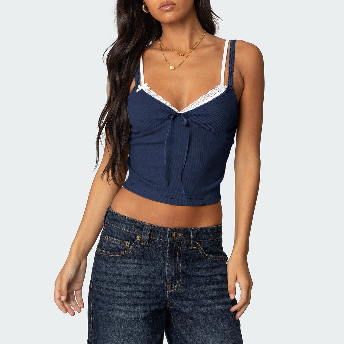 Fashionable Color Block Lace Overlay Cami with Bow Double Shoulder Straps