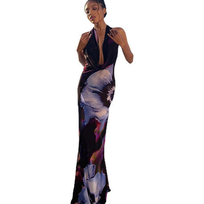 Colorful Digital Print Sleeveless Maxi Dress With Deep Neckline