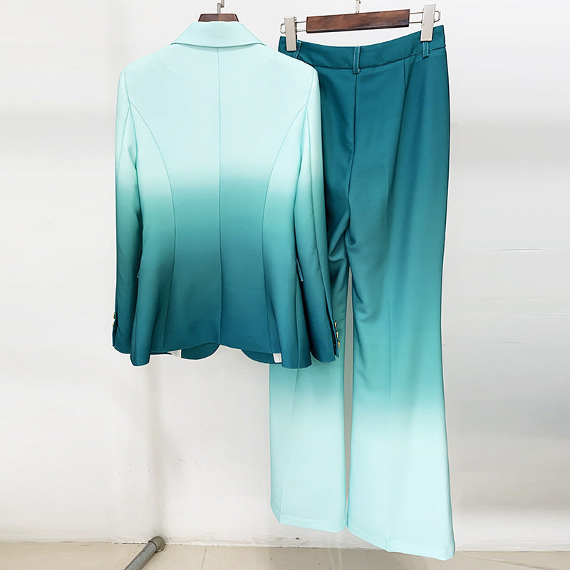 Fashionable Gradient Color Blazer And Flared Pants Set