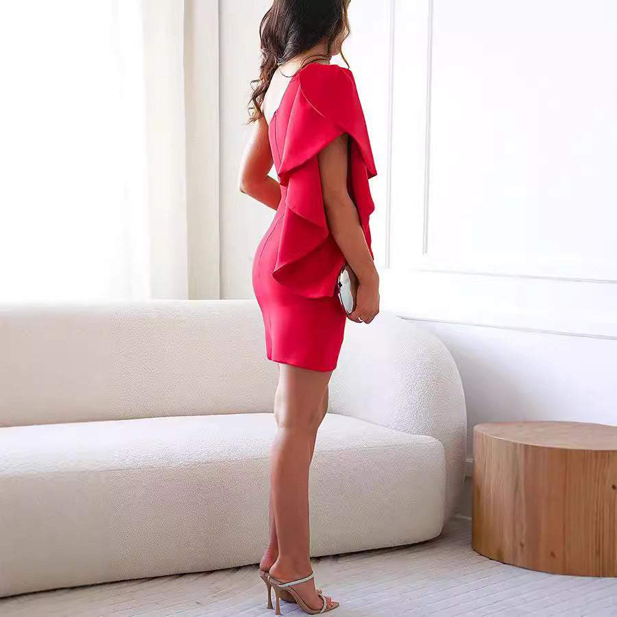 Fit And Flare Ruffle One-Shoulder Dress Elegant Cocktail Gown