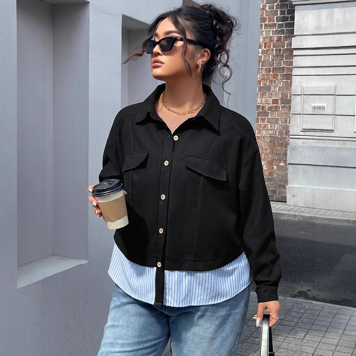 Plus Size Striped Patchwork Short Coat for Women