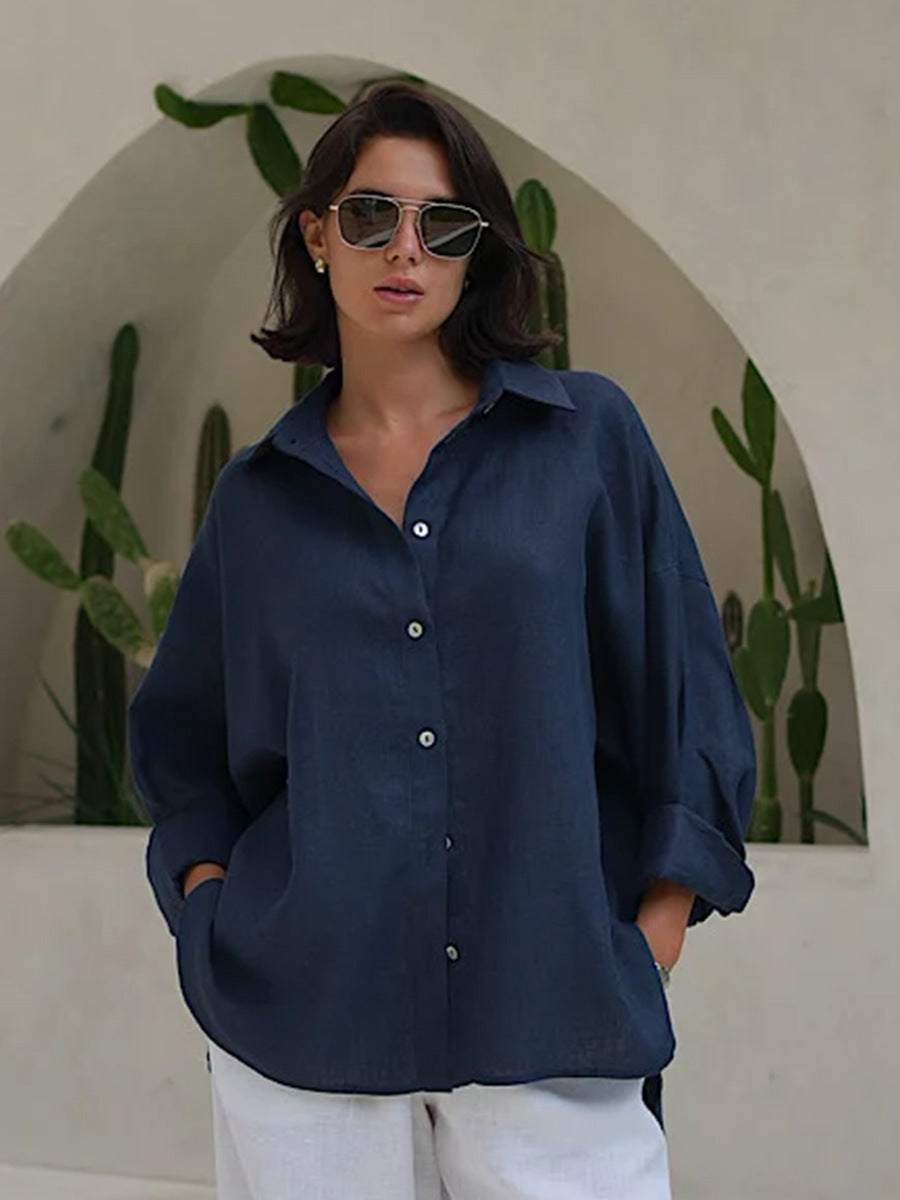 Trendy Casual Cotton Shirt Solid Color Relaxed Fit
