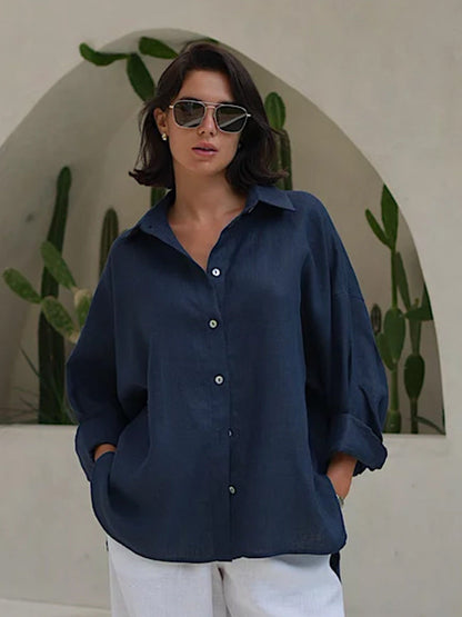Trendy Casual Cotton Shirt Solid Color Relaxed Fit