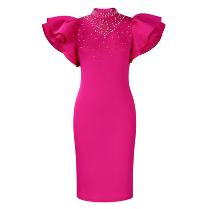 Fashionable Elegant Ruffled Sleeve Beaded Party Dress
