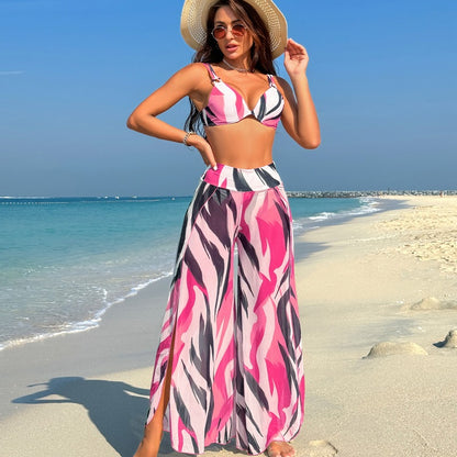 Women'S Bikini Set With Printed Pants - Polyester Fabric