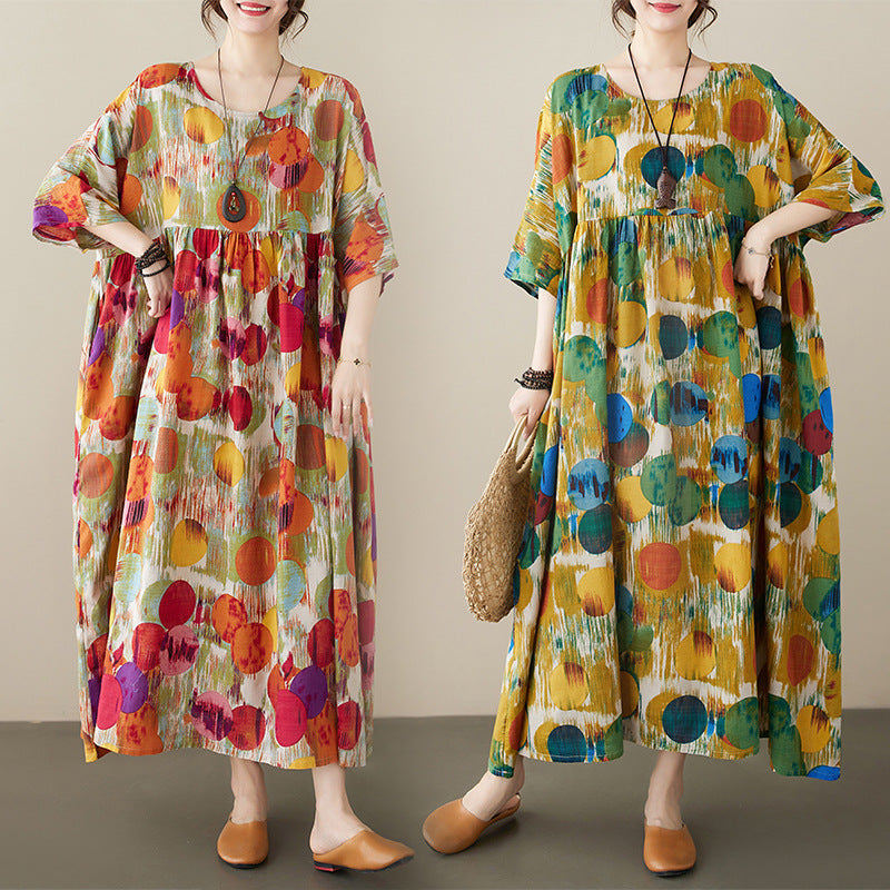 Simple And Fashionable Bohemian Long Dress, New Summer Style, Added Fat, Round Neck, Short Sleeved, Middle-Aged And Elderly Mom'S Dress