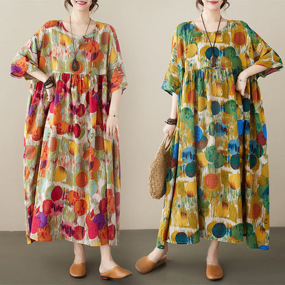 Simple And Fashionable Bohemian Long Dress, New Summer Style, Added Fat, Round Neck, Short Sleeved, Middle-Aged And Elderly Mom'S Dress
