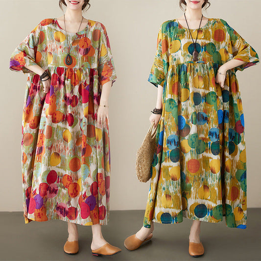 Simple And Fashionable Bohemian Long Dress, New Summer Style, Added Fat, Round Neck, Short Sleeved, Middle-Aged And Elderly Mom'S Dress