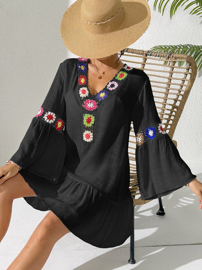 Women'S Bohemian Ruffle Beach Dress V-Neck Crochet A-Line Dress