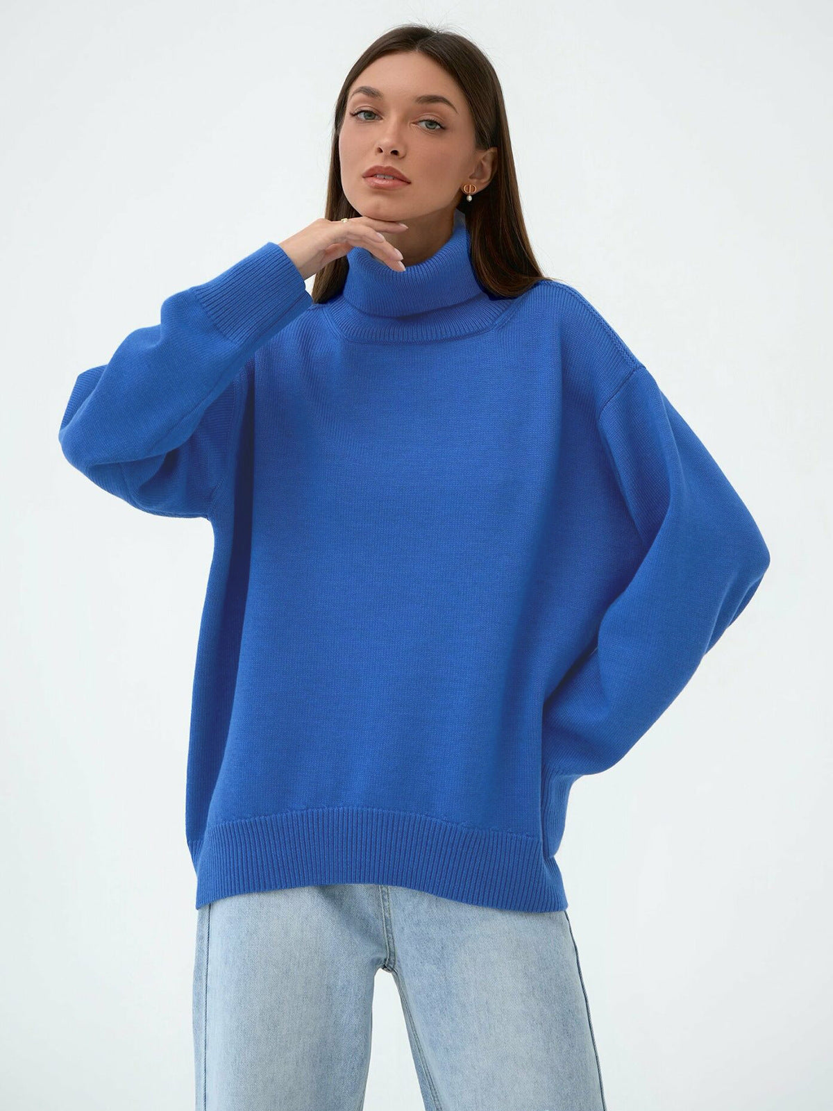 Solid Turtleneck Sweater Cozy Knit Pullover for Women