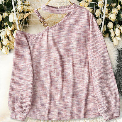 Shoulder Cutout Pink Sweater Cozy Casual Pullover