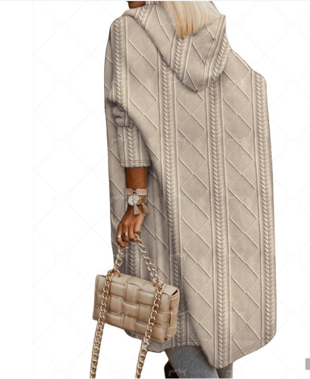 Autumn/Winter New Women'S Twisted Flower Texture Hooded Mid Length Windbreaker Sweater Outwear