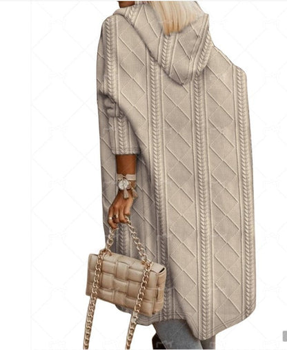 Autumn/Winter New Women'S Twisted Flower Texture Hooded Mid Length Windbreaker Sweater Outwear