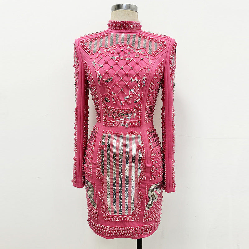 Elegant Sequin Bodycon Dress With Stand Collar