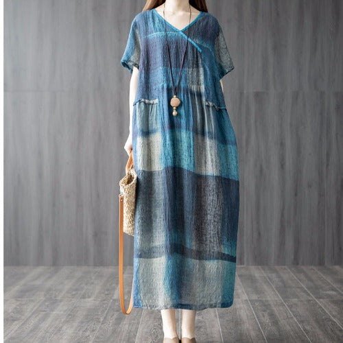 Summer New Literary And Artistic Fan Vintage Loose Plus-Size Women'S Cotton And Linen Panels Plaid Thin Dress
