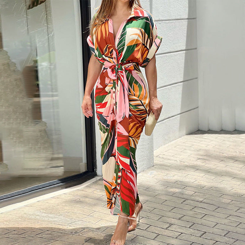 Women'S Printed Polo Collar Short Sleeve High Waist Long Shirt Dress