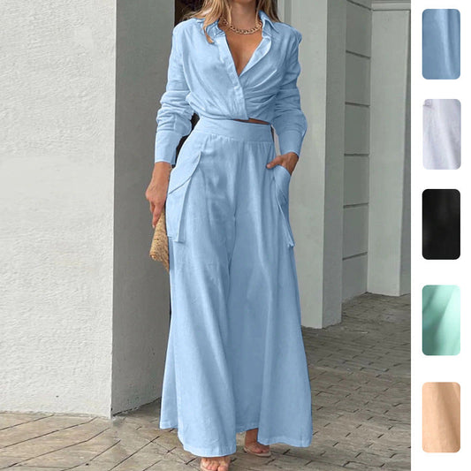 Casual Wide-Leg Pants Set with Pockets in Solid Colors