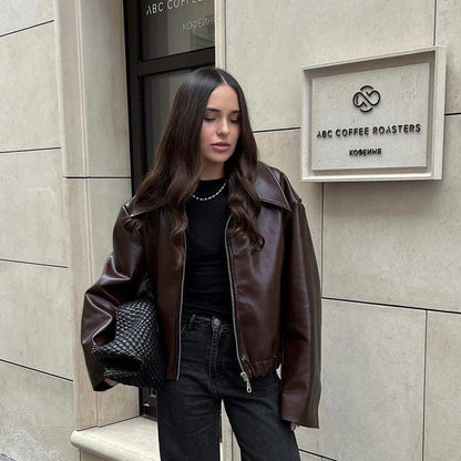 Fashionable PU Leather Motorcycle Jacket Casual Oversized Outerwear