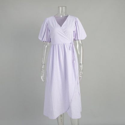 Casual Cotton Tie Front Maxi Dress with Puff Sleeves