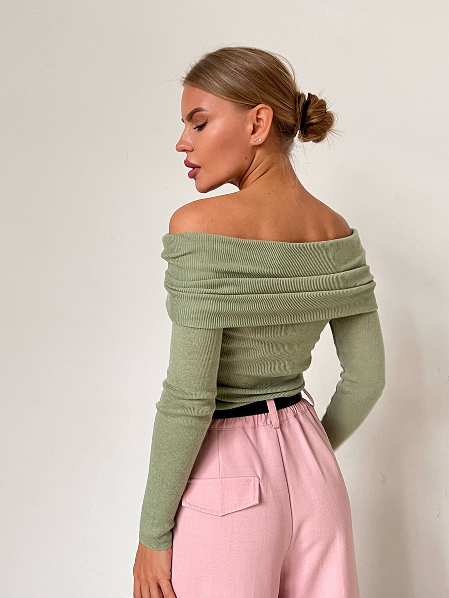Off-Shoulder Knitted Top Slim Fit Solid Color Long Sleeve Pullover