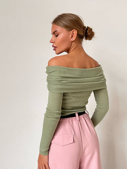 Off-Shoulder Knitted Top Slim Fit Solid Color Long Sleeve Pullover