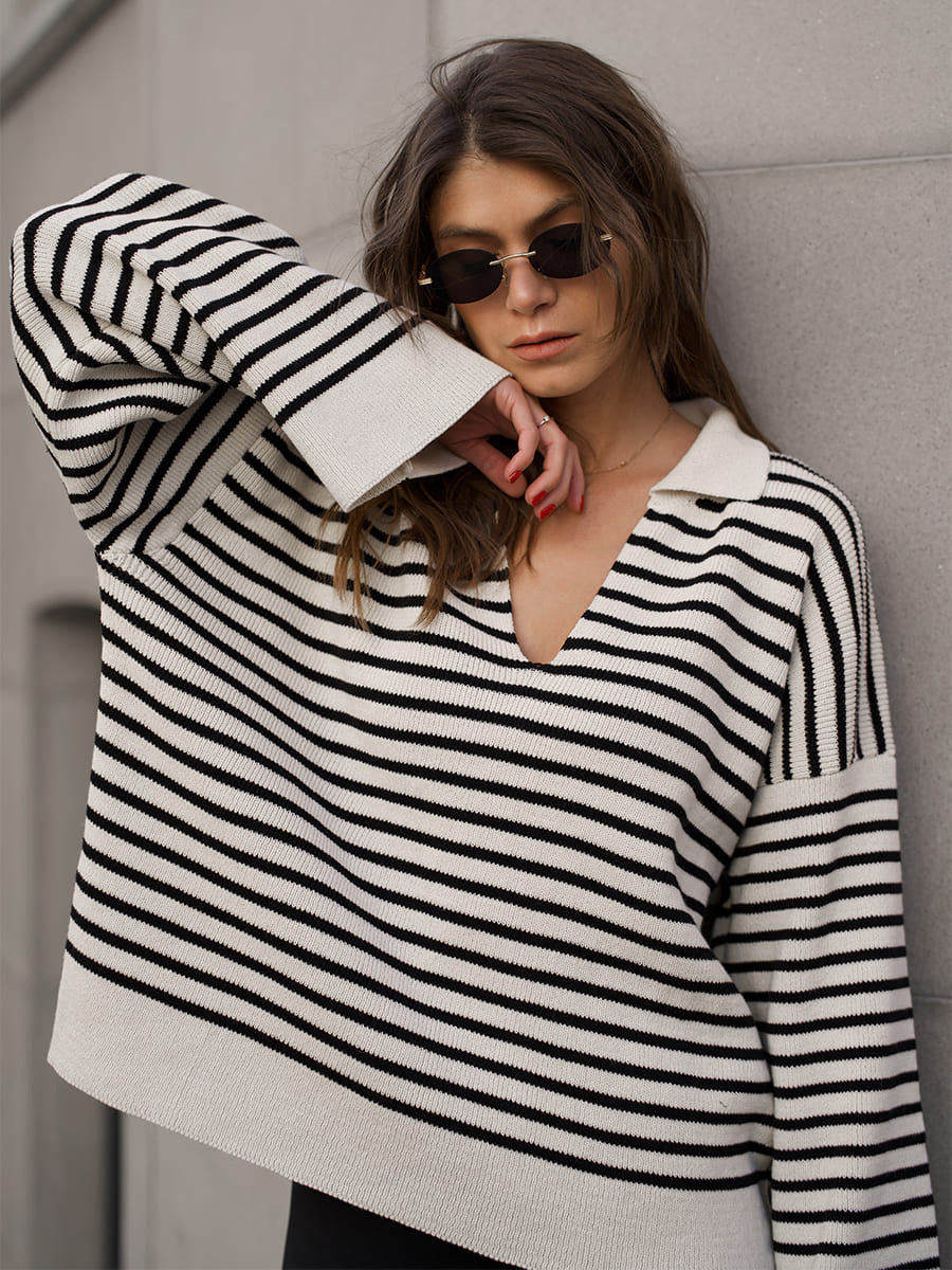 Black Striped Polo Sweater Casual Loose Knit Top