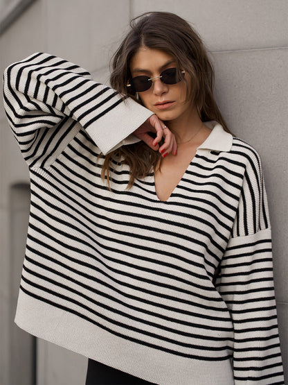 Black Striped Polo Sweater Casual Loose Knit Top