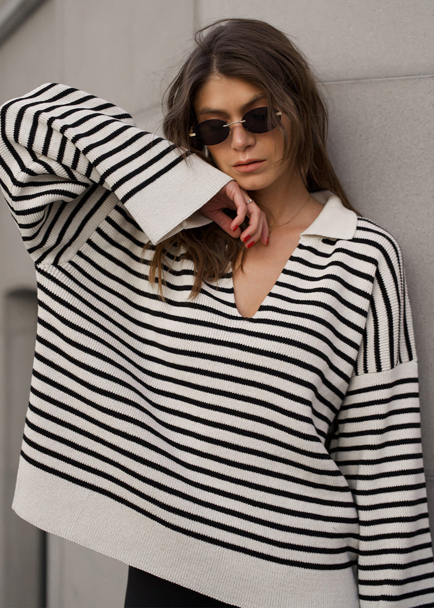 Striped V Neck Knit Sweater With Wide Sleeves