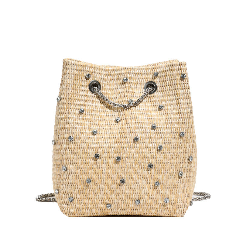 Trendy Women's Woven Bucket Bag with Pearl & Rhinestone Accents