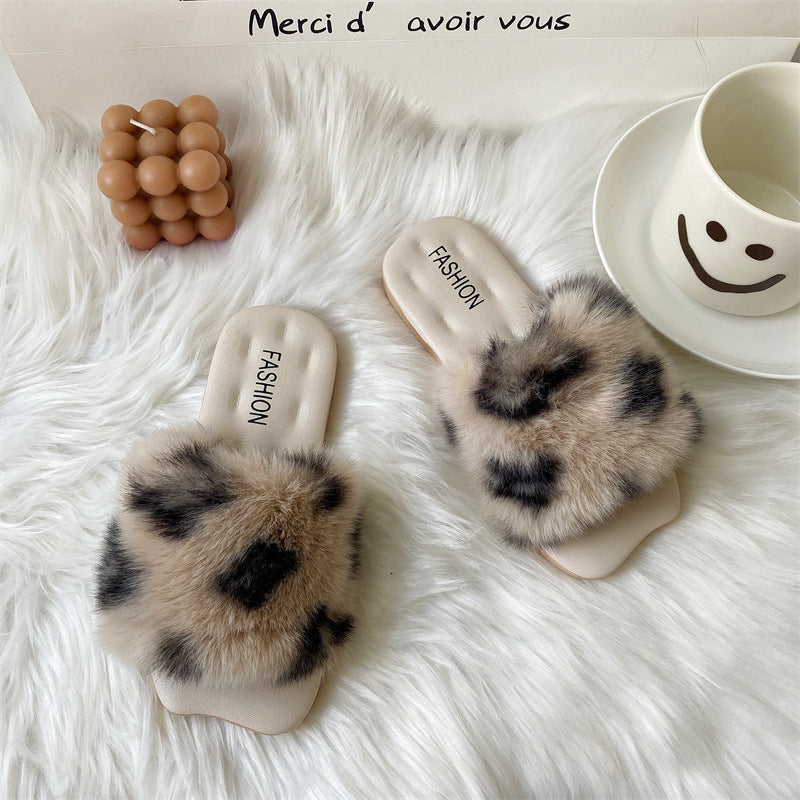 Fuzzy Faux Fur Leopard Print Slippers