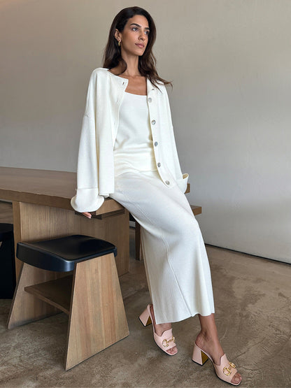 Knitted Long Sleeve Cardigan Set With Camisole And Skirt