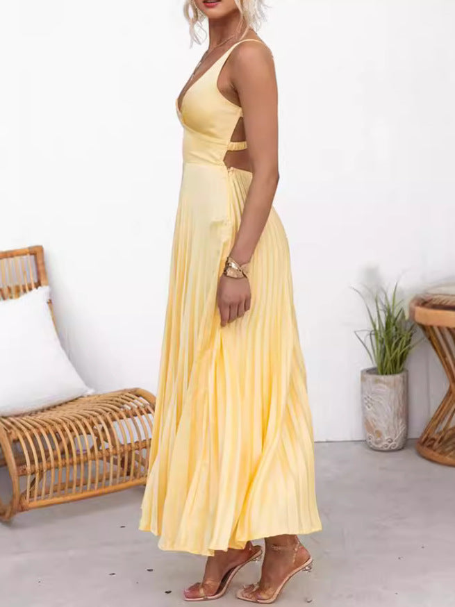 Elegant Yellow Satin A-Line Dress With V-Neck