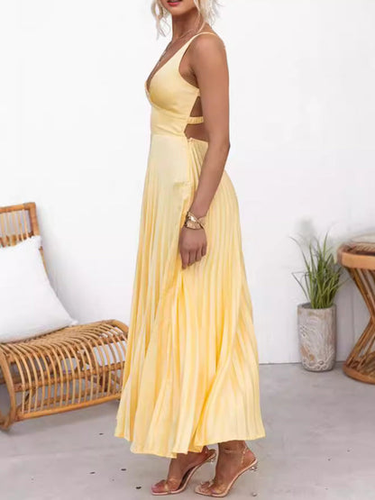 Elegant Yellow Satin A-Line Dress With V-Neck