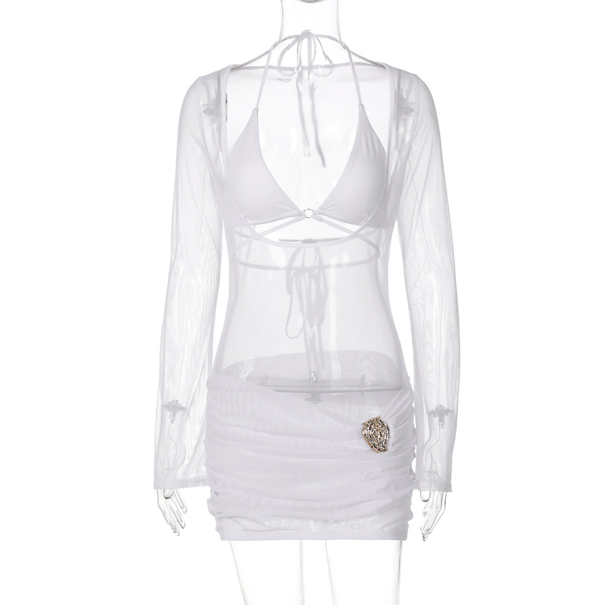 Women's Sexy Lace Up Sheer Long Sleeve Dress