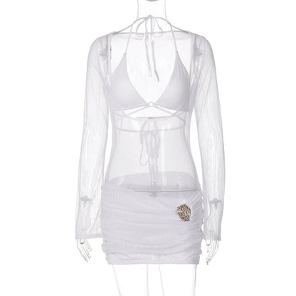 Women's Sexy Lace Up Sheer Long Sleeve Dress