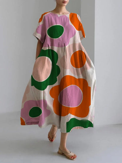 Digital Printing Small Chrysanthemum Women'S Casual Short Sleeve Swing Long Skirt Dress