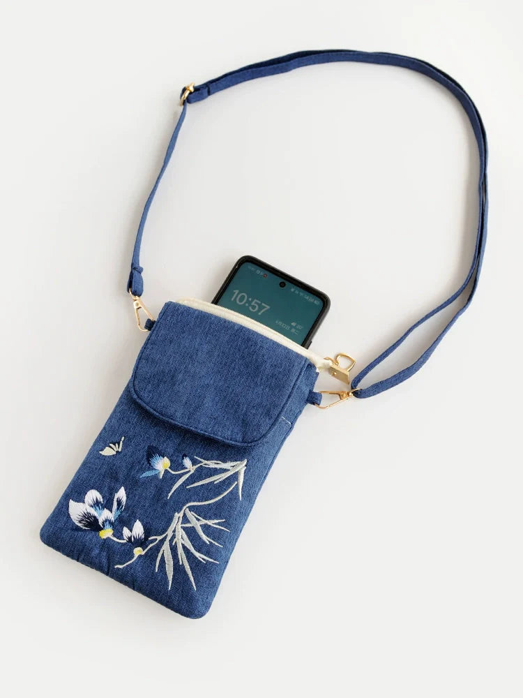 Embroidery Flower Bag Women'S Cotton And Linen Cloth Messenger Bag Small Bag Change Bag Close-Fitting Mobile Phone Bag Ethnic Style Mobile Phone Bag