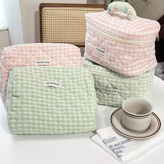 Large Capacity Plaid Makeup Bag Cute Portable Cotton Cosmetic Organizer
