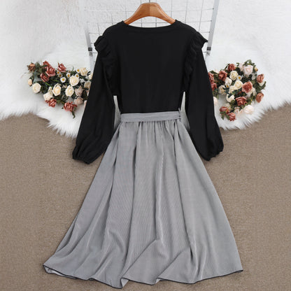 Striped A-Line Dress with Long Sleeves and Tie Waist